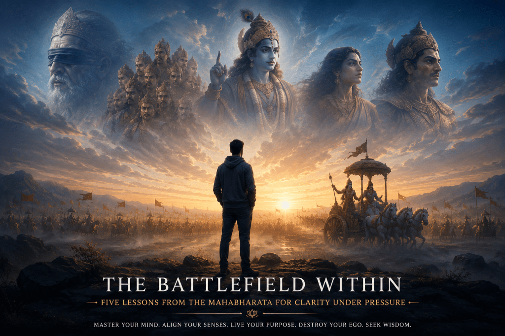 The greatest battle in the Mahabharata was never fought at Kurukshetra. It is fought every morning inside your own mind. Once you understand that, this ancient epic becomes one of the most practical guides to leadership, resilience and decision-making ever written.