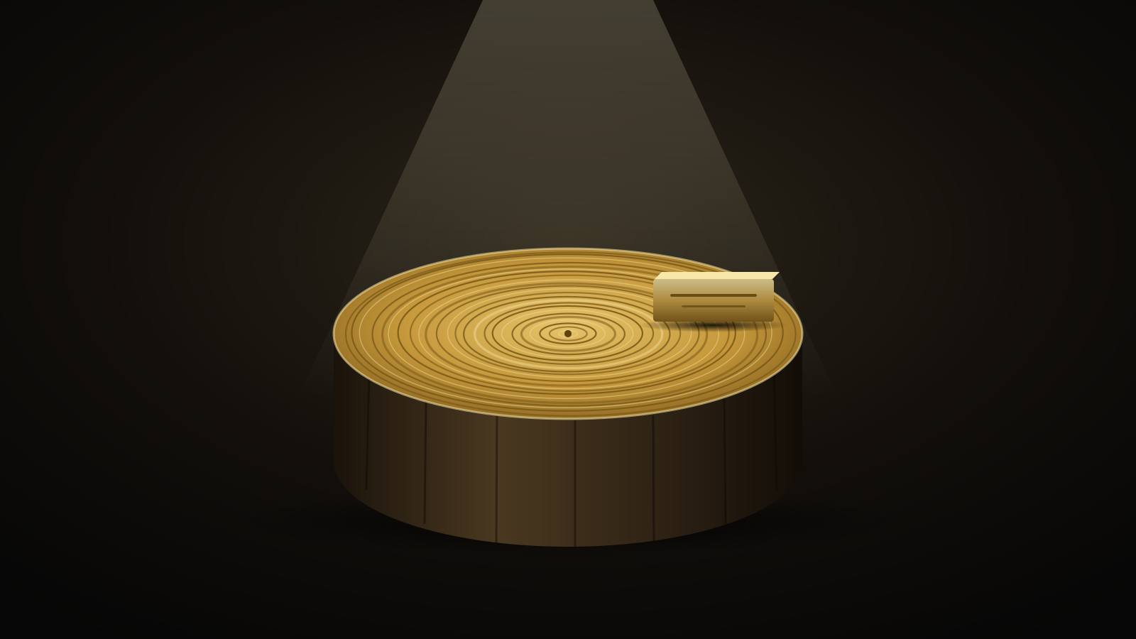 A spotlight on a tree-ring stump with a gold nameplate